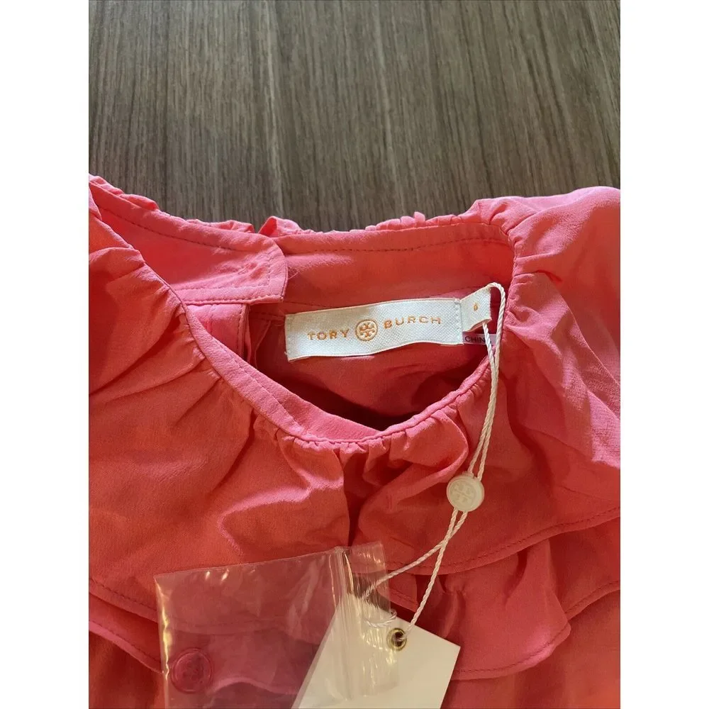 Tory‎ Burch Ruffle Blouse Size 0 All Silk Vivid Pink 650